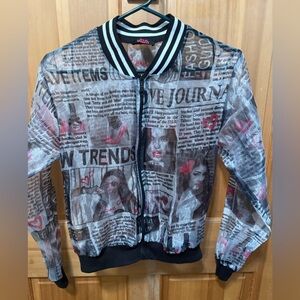 Y2K Blush Sheer Newspaper-Print Bomber Jacket in Black & Pink Size Small